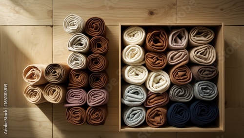 Rolled towels in various colors arranged on a light wooden surface with a box of additional towels.
