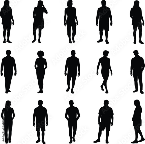 Silhouettes of diverse male and female figures standing and walking, full body black icons for design, UI, web, and print use