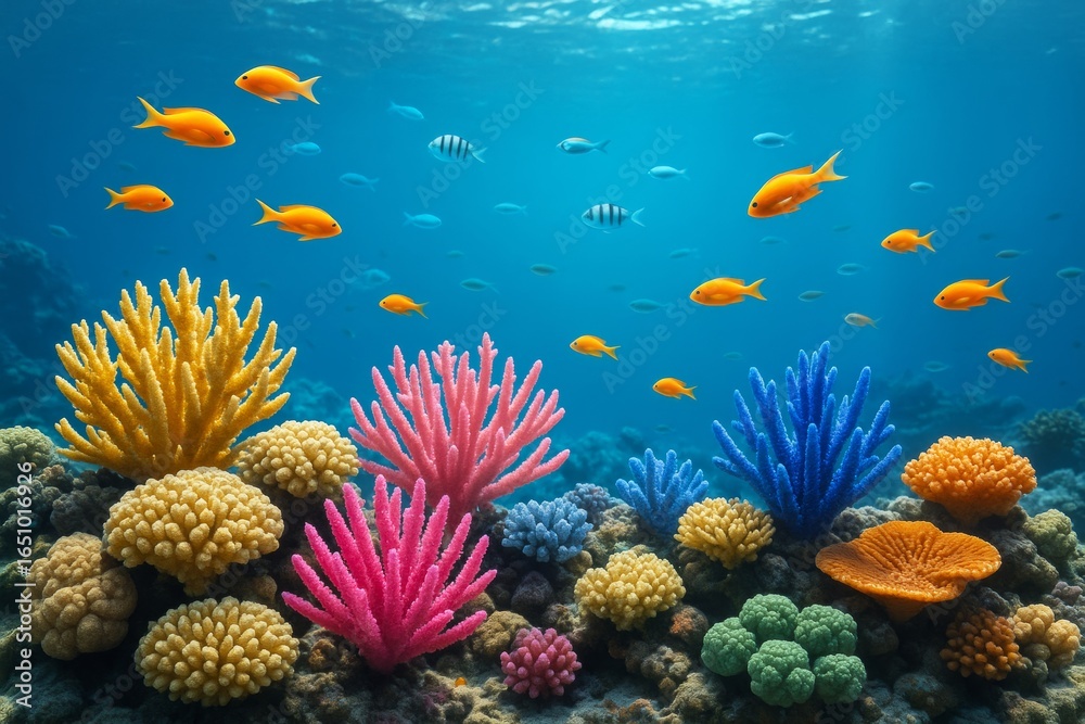 Naklejka premium Colorful coral reef with tropical fish swimming in clear ocean water, vibrant marine life under sunlight, fantasy underwater background scene. Ai generative