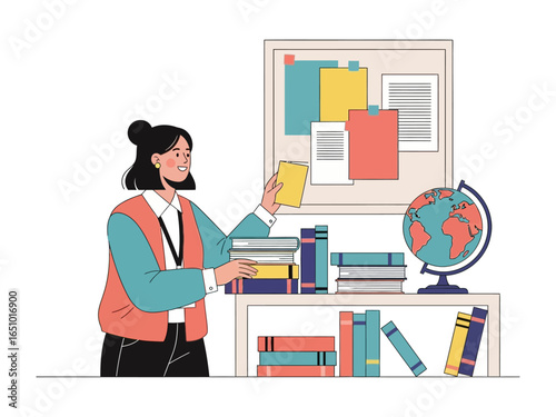 Knowledge Curator: An instructor, surrounded by a collection of literary classics, thoughtfully places a vibrant textbook on a shelf.