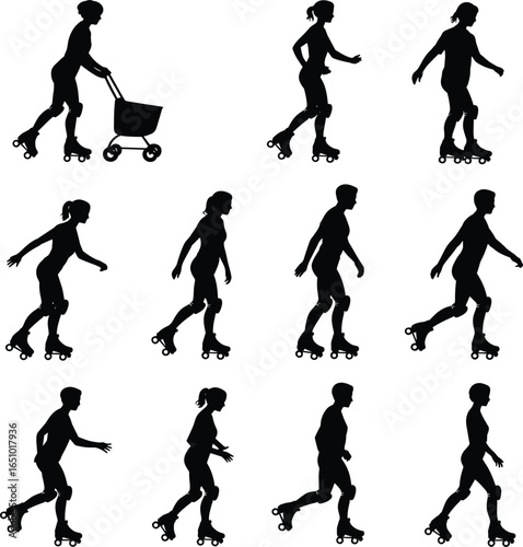 Silhouettes of men and women roller skating, outdoor skating, inline skating, fitness exercise, skating action, sport activity, fun skating motion, healthy lifestyle.