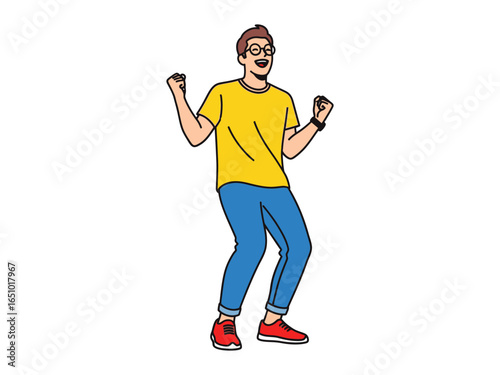 Triumphant Man: A joyful illustration of a man in a yellow tee celebrates in full elation, capturing the energy of victory