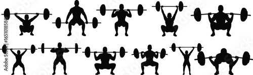 Silhouettes of men and women weightlifting, barbell squats, strength training, fitness workout, gym exercise, muscle building, powerlifting, healthy lifestyle, athletic training.