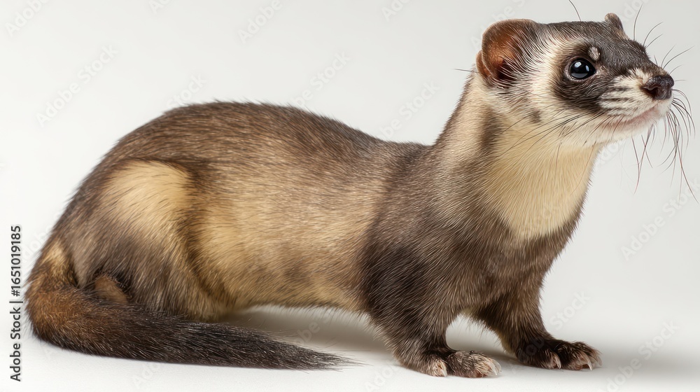 Obraz premium Small mammal with brown, cream, and black fur standing on a white background, profile view