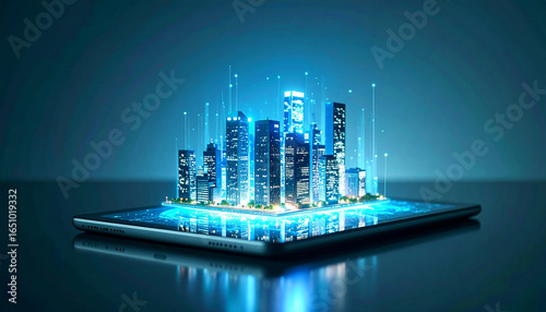 Smart City Visualization: A futuristic digital cityscape emerges from a tablet, showcasing interconnected buildings with vibrant blue illumination and technological advancements. 