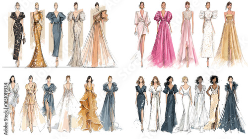 High-fashion illustration set of elegant evening gowns in luxurious fabrics and vibrant colors. Perfect for couture design, runway concepts, fashion portfolios, and editorial artwork.