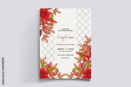 WEDDING INVITATION FRAME WITH FLOWER DECORATIONS AND FRESH LEAVES