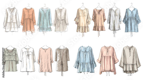 Elegant collection of feminine dress illustrations in soft pastel tones. Features boho, flowy, and casual designs perfect for fashion catalogs, branding, lookbooks, and textile concepts.