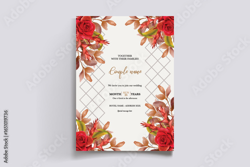 WEDDING INVITATION FRAME WITH FLOWER DECORATIONS AND FRESH LEAVES