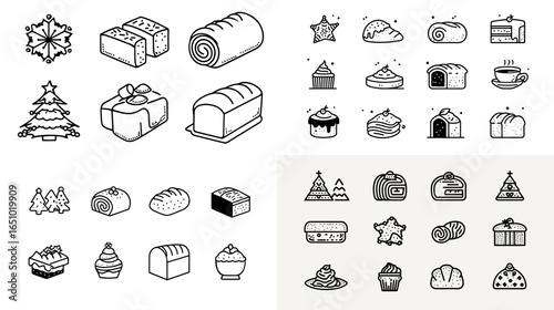 Festive Christmas bakery icon set featuring cakes, stars, loaves, cookies, cupcakes, and holiday treats. Charming line illustrations perfect for seasonal packaging, menus, and winter graphics.