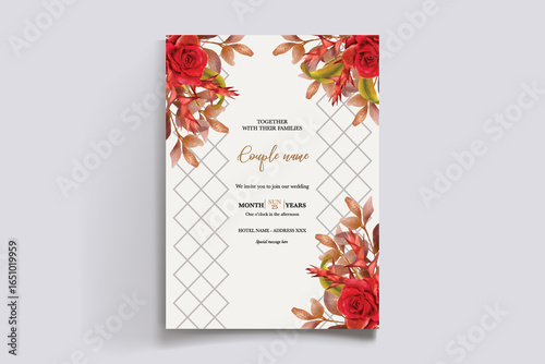 WEDDING INVITATION FRAME WITH FLOWER DECORATIONS AND FRESH LEAVES