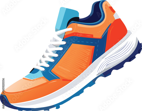 A modern athletic running shoe in vibrant orange and blue, isolated on a white background.