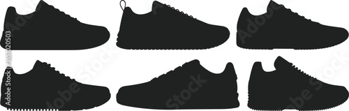 Silhouettes of modern sneakers collection, athletic shoes set, casual footwear silhouettes, running shoes black shapes, sport shoe variety, trendy sneakers.