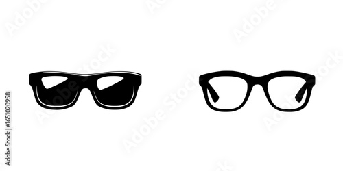 Distinct styles of eyewear represented by black silhouettes of sunglasses and prescription glasses on a plain background
