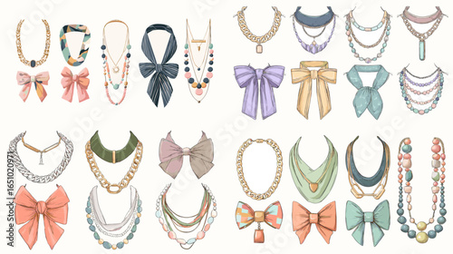Elegant watercolor collection of necklaces and ribbon bows in soft pastel tones, showcasing pearls, beads, and pendants. Ideal for fashion branding, invitations, packaging, and craft projects.