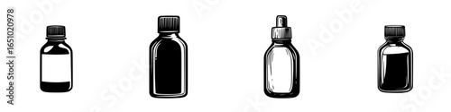 Collection of varying bottle designs showcasing dropper and cap features in a minimalist style
