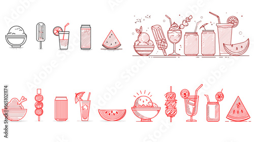 Refreshing line art set of summer desserts and drinks, featuring ice cream, popsicles, smoothies, juices, and watermelon in clean minimalist style. Perfect for menus, stickers,