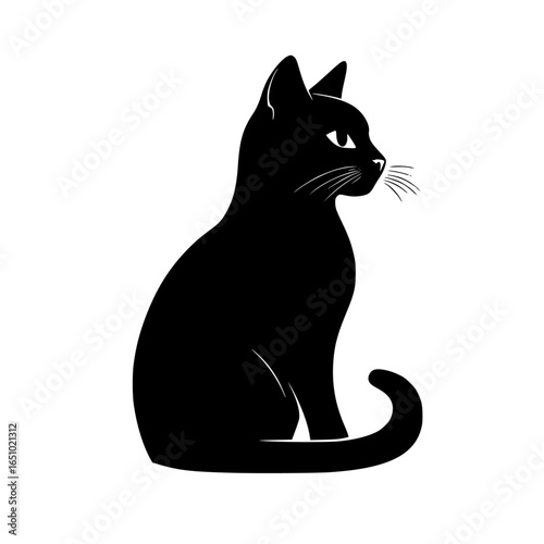 Black cat silhouette sitting gracefully against a white background showcasing its elegant posture and features
