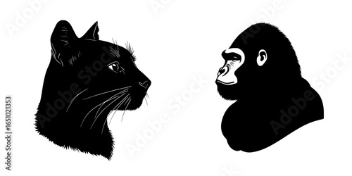 Unique silhouettes of a panther and a gorilla against a minimalist background showcasing wildlife artistry