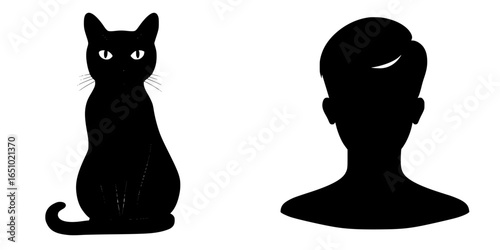 Black cat and silhouette of a person in a minimalist style design showcasing companionship and mystery