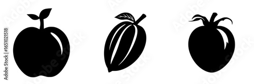 Fruit silhouettes showcasing an apple, cacao pod, and tomato in black against a white background