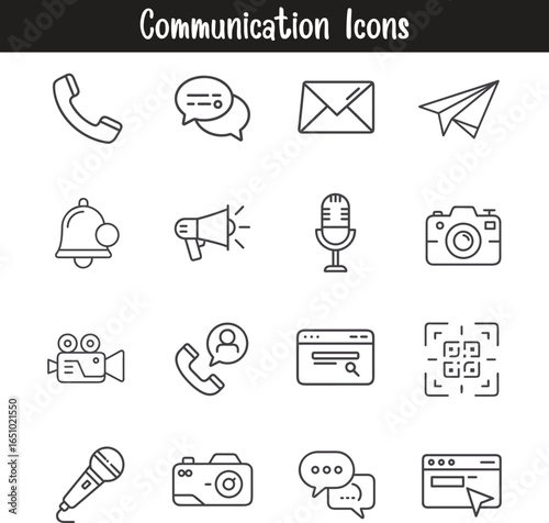 Minimalist communication icon set in simple outline style vector illustration, modern line symbols of chat, message, phone, mail, and social media for digital, web, and technology design projects