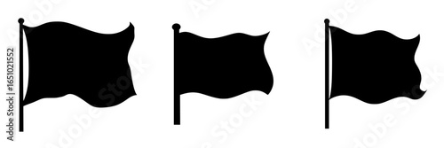 Collection of black flags waving in the wind against a plain background at different angles and positions