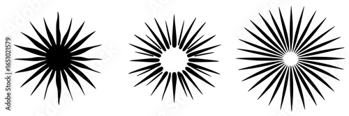 Graphic design of stylized sunburst shapes showcasing different forms and patterns in a minimalist style