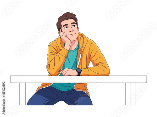 Man Contemplating : A youthful man, adorned in a vibrant yellow jacket and seated at a plain table, engages in deep contemplation, lost in the realm of imagination and thoughtful reflection.