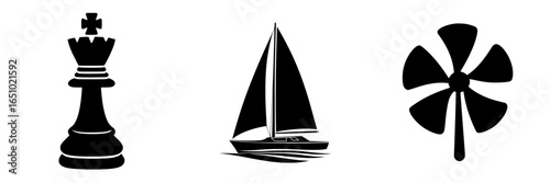 Creative black and white illustrations of a chess piece, sailboat, and propeller against a minimalistic backdrop