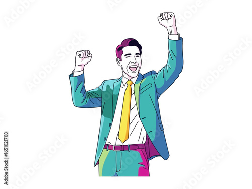 Celebration of Business Victory: An illustrated depiction of a man with jubilant, triumphant pose, celebrating his success after reaching a business milestone.