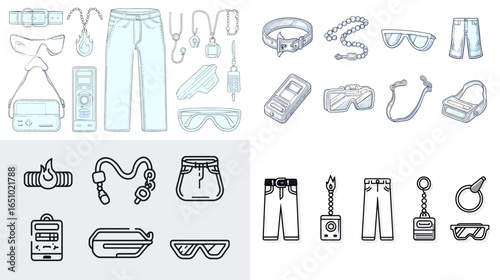 Modern streetwear icons featuring jeans, sunglasses, bags, earphones, cameras, keychains, and accessories in clean outline and soft color style. Perfect for fashion branding and lifestyle designs.