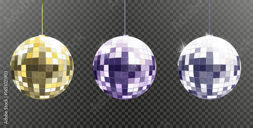 Shiny gold, purple, and silver disco balls are hanging and reflecting light . Vector illustration. Ideal for holiday banners, club posters, dance party invitations, and festive backgrounds.