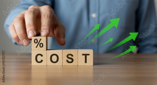 Increasing Costs and Percentage Growth - Hand placing percentage block onto COST blocks with upward green arrows symbolizing rising costs and percentage growth