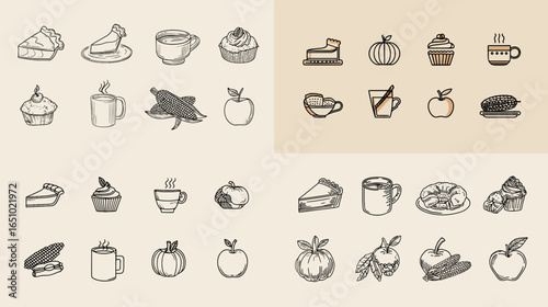 Cute outline icons of pies, coffee mugs, pumpkins, apples, muffins, pastries, and fall treats. Ideal for seasonal menus, Thanksgiving graphics, stickers, and cozy autumn branding.