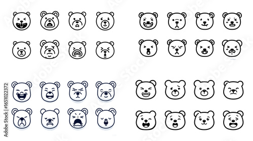 Set of adorable bear face icons showing various emotions such as happy, sad, angry, surprised, and neutral. Perfect for stickers, emoji sets, children’s designs, and character illustrations.