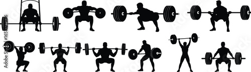 Silhouettes of people weightlifting heavy barbells, powerlifting, strength training, fitness, workout, gym exercise, muscle building, health, athletic training, 