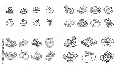 Cute outline food icons featuring sweets, fruits, chocolate bars, bowls, snacks, and bakery treats. Perfect for menu design, packaging, cafe branding, and culinary illustrations.