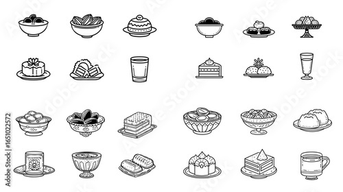 Cute outline icon set of Asian desserts including cakes, puddings, buns, jelly, drinks, and sweet snacks. Perfect for bakery branding, menu design, packaging, and culinary illustrations.