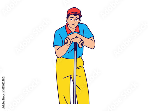 Frustration on the Fairway: A golfer, head resting on the club, embodies the quiet dejection after a challenging game on the green, his posture and stance conveying disappointment.