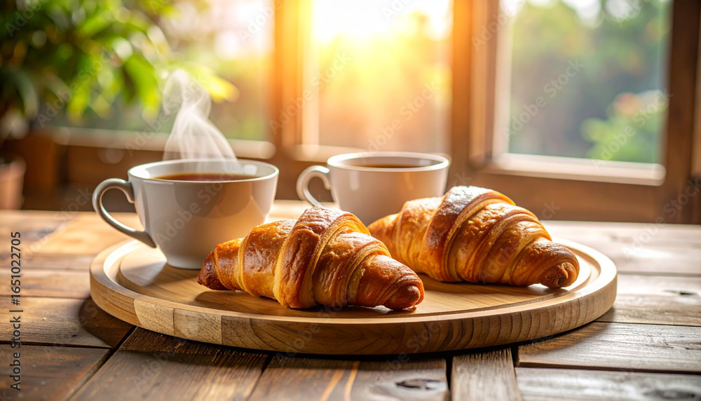 © Bill - Breakfast of tea and buttery croissants on a round wooden tray. AI © Bill - Breakfast of tea and buttery croissants on a round wooden tray. AI