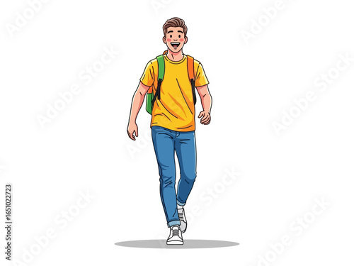 Dynamic Student: An enthusiastic student with a backpack strides confidently forward, depicting the spirit of education and personal journey.
