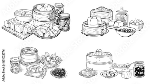 Hand-drawn dim sum and Asian food illustration set featuring dumplings, buns, steamed dishes, bowls, jars, and snacks. Perfect for menus, restaurants, packaging, and culinary designs.