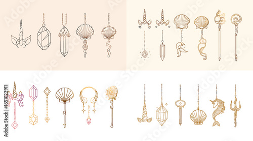 Elegant fantasy wand and staff illustrations in soft pastel and gold tones. Decorative magical tools with ornate shapes, perfect for fairytale designs, games, and whimsical artwork.