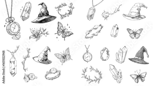 Hand-drawn mystical clipart featuring witch hats, crystals, butterflies, florals, and vintage pendants. Magical sketch elements perfect for fantasy themes, tarot, and boho designs.