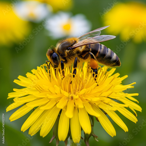 A detailed macro shot of a honeybee covered in pollen as it forages on a vibrant yellow dandelion flower in a lush green meadow, symbolizing pollination and the importance of insects