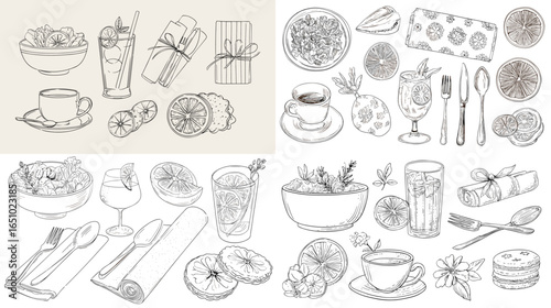 Elegant black-and-white sketch of tea, desserts, and citrus fruit with utensils. Ideal for restaurant menus, culinary branding, and hand-drawn pattern design.