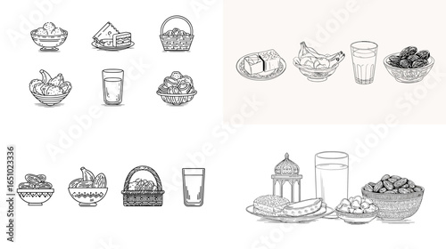 Vintage-style food illustration featuring bread, fruits, milk, and snacks in bowls and baskets. Great for bakery packaging, menus, and culinary design projects.
