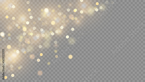 Golden dust light png. Christmas glowing bokeh confetti and sparkle overlay texture for your design. Stock royalty free vector illustration. PNG	