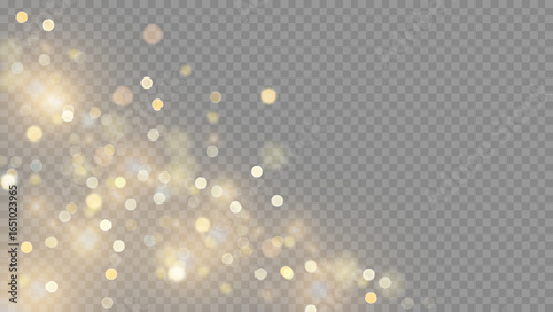 Golden dust light png. Christmas glowing bokeh confetti and sparkle overlay texture for your design. Stock royalty free vector illustration. PNG	